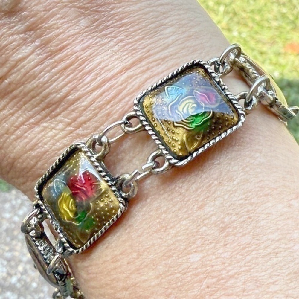 Vintage Floral Panel Link Bracelet Enamel Rose Gold Tone Boho Jewelry - Picture 7 of 10